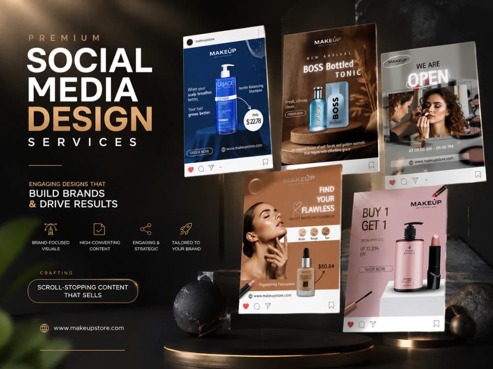 Cosmetics store social media designs: skincare, grooming and makeup product posts