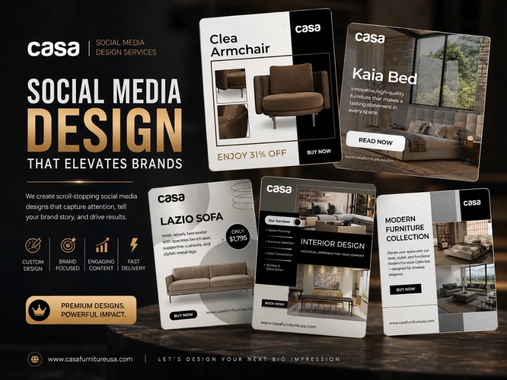 Furniture and interior design social media posts: armchair, bed and sofa promotions