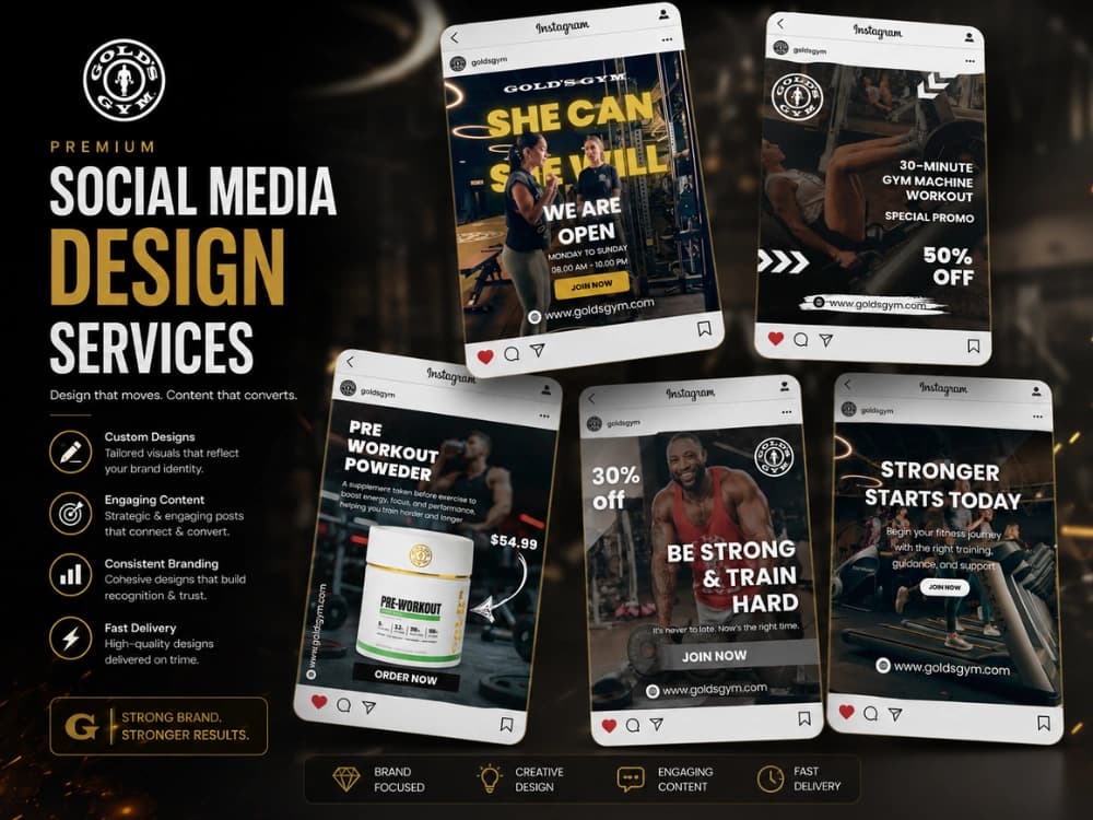 Gym social media designs: workout motivation, supplement and membership offer posts