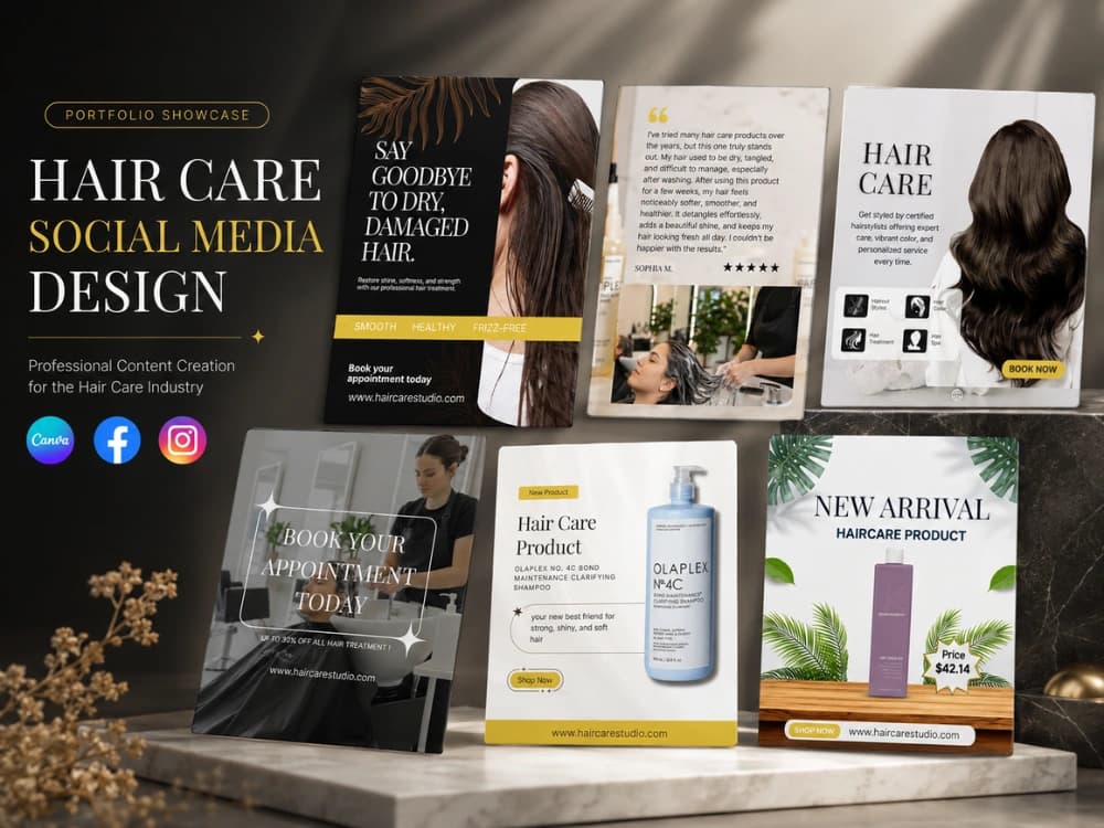 Hair care brand social media designs: damaged-hair solutions, new products and booking posts