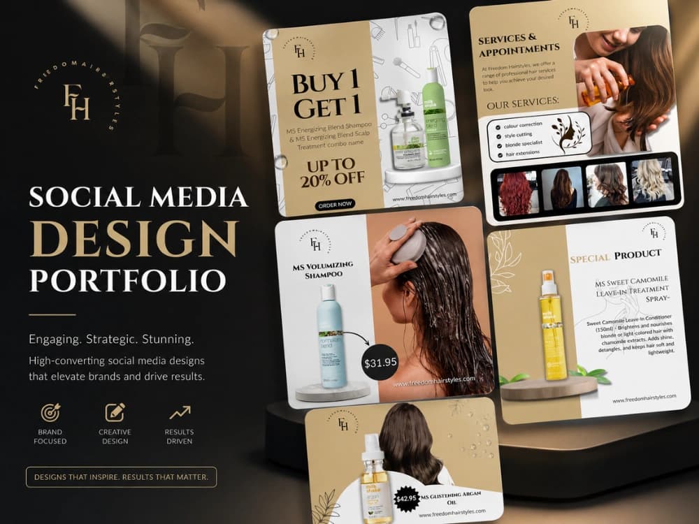 Hair care product social media designs in gold: shampoo, serum and buy-one-get-one offers
