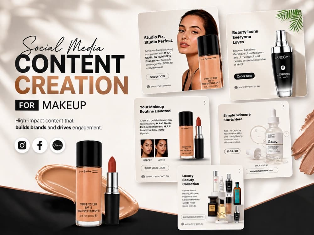 Makeup and skincare content creation: foundation, lipstick and beauty routine posts