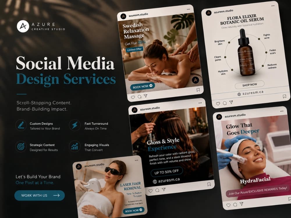 Med spa social media designs: relaxation massage, facial serum and HydraFacial treatment posts