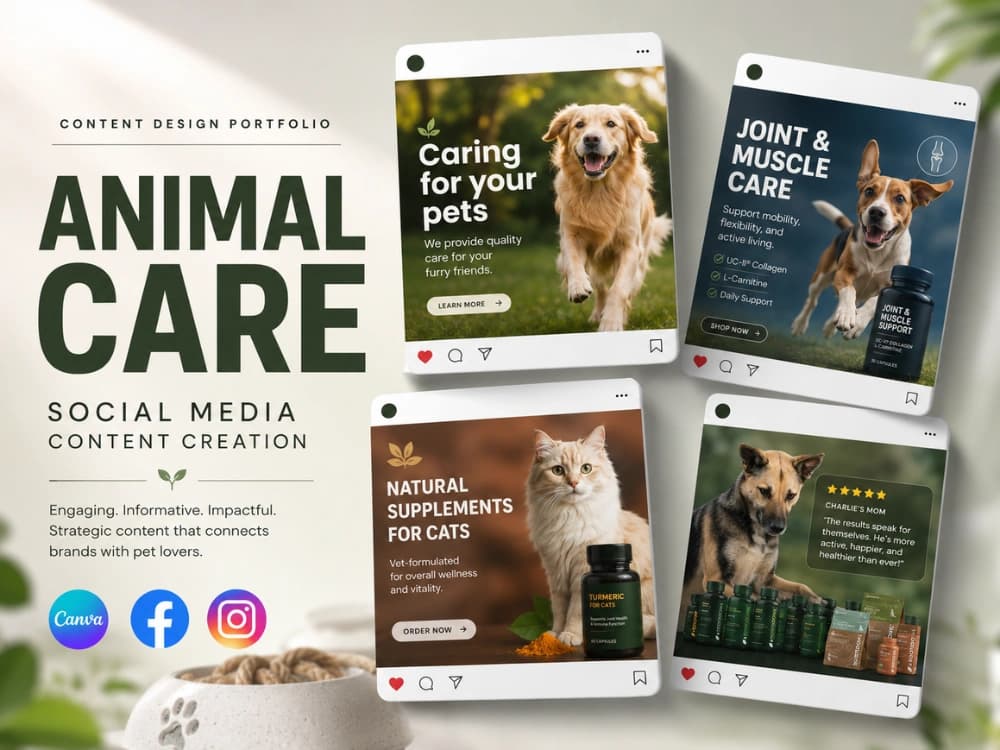 Pet care social media content: pet health, supplements and grooming posts with dogs and cats