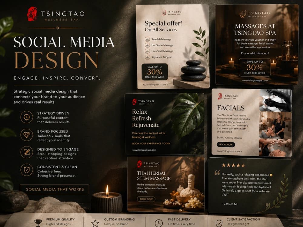 Luxury spa social media designs: massage, facial and special-offer posts in dark gold tones
