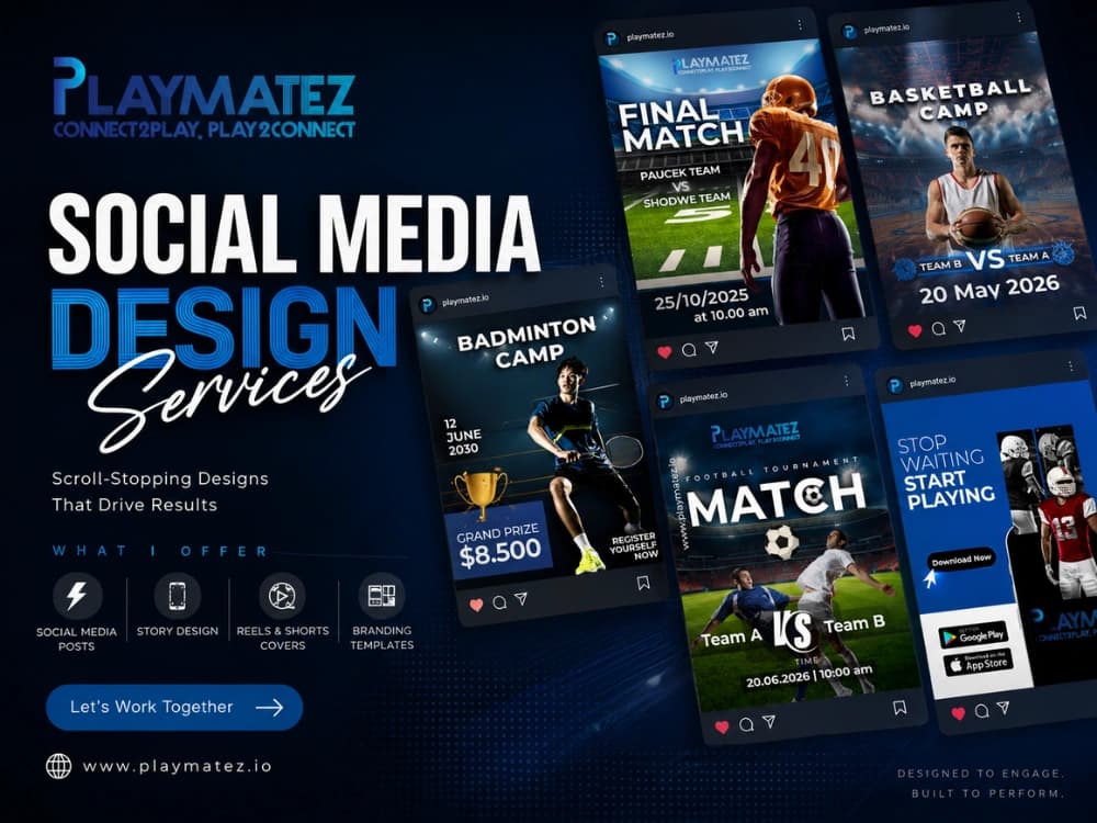 Sports club social media designs: match day, tournament and training camp posts in blue