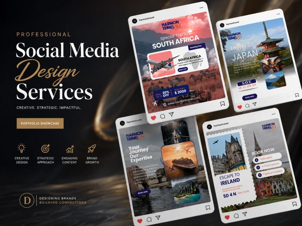 Travel agency social media designs: destination posts for South Africa, Japan and Ireland